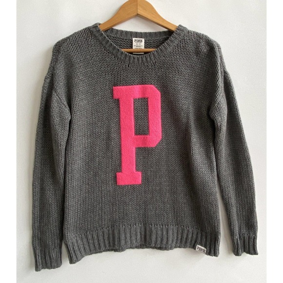 PINK for Victorias Secret Gray Wool Knit Sweater Large P Logo Collegiate Size XS - Picture 1 of 4